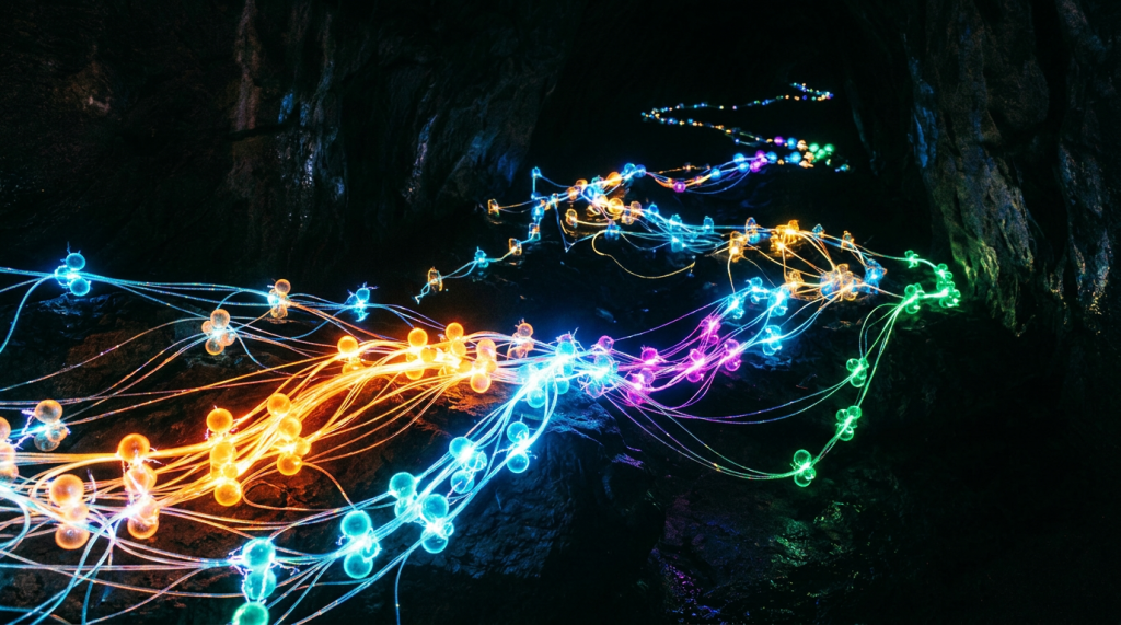Glowing multicolored orbs connected by luminous threads inside a dark cave