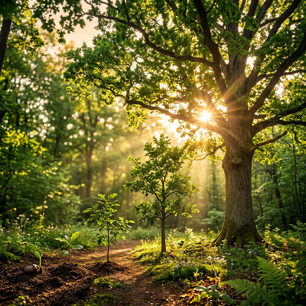 Stages of oak tree growth from acorn to large tree in sunlit forest