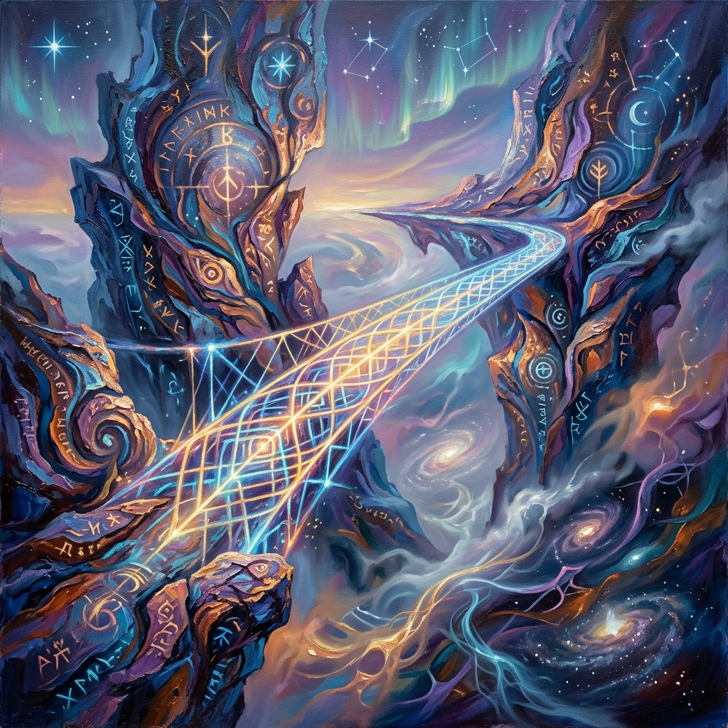 Glowing light bridge connecting cliffs with mystical runes under a starry sky