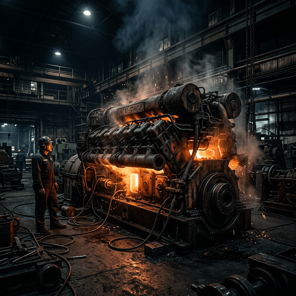 Worker standing near a large engine emitting sparks and smoke inside an industrial workshop