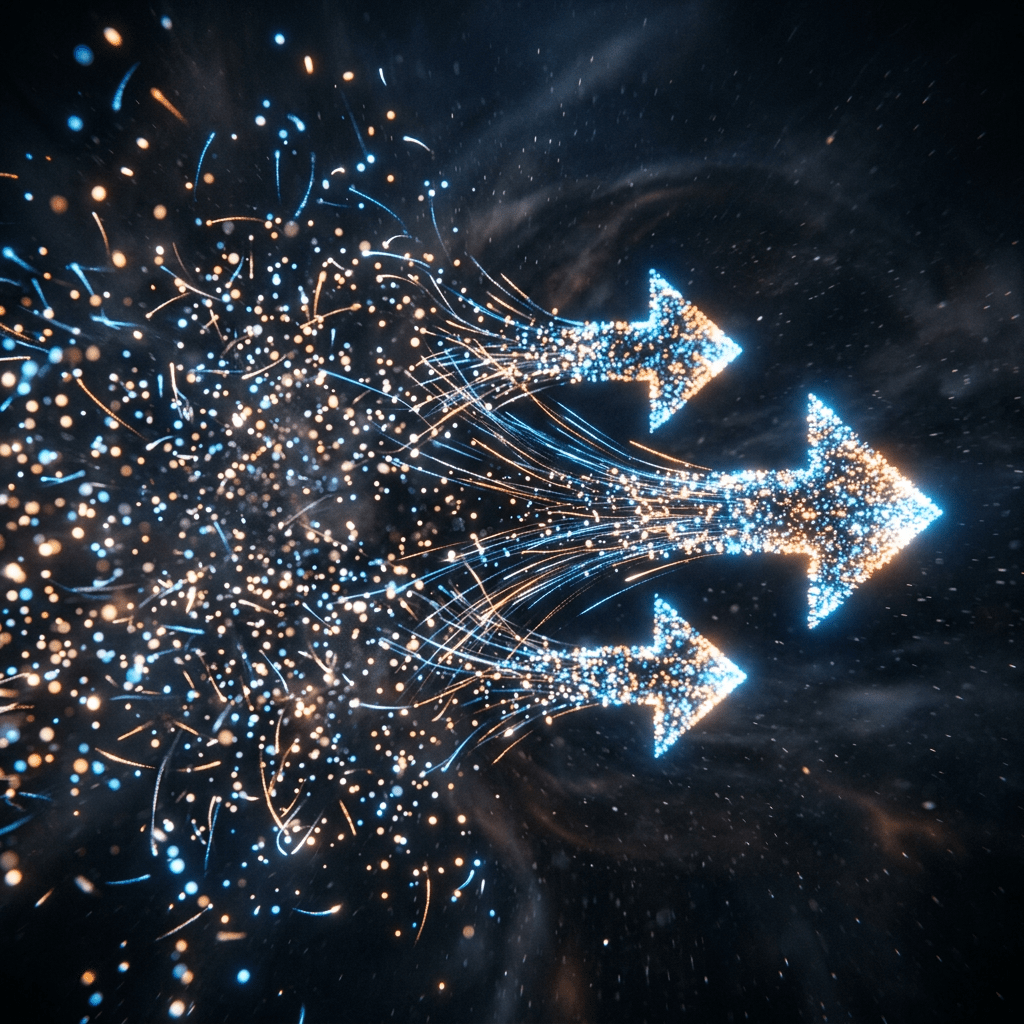Three luminous arrows composed of blue and orange particles, pointing forward on a dark background