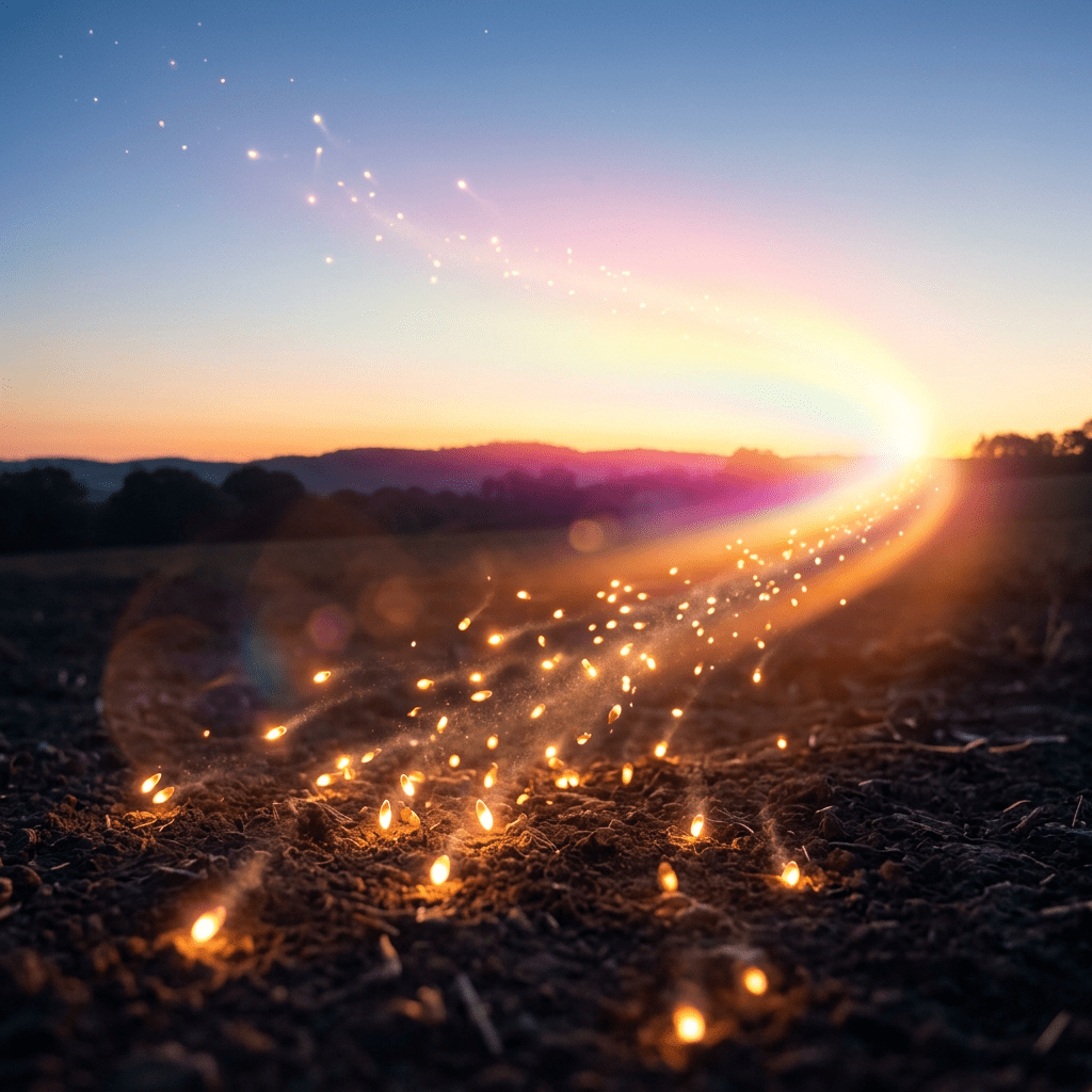 Glowing seeds scattered across soil with sunset and hills in background
