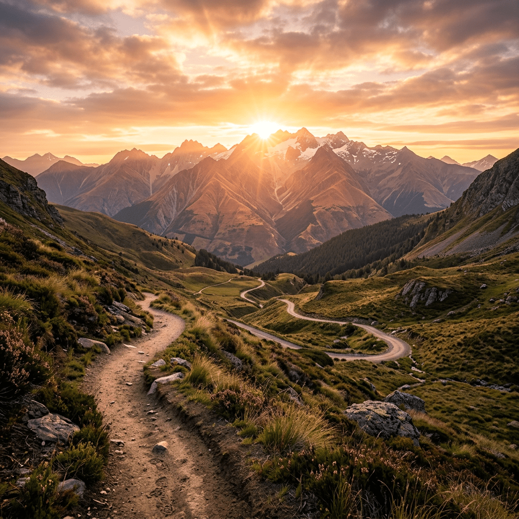 Winding dirt path through green hills with mountains and setting sun
